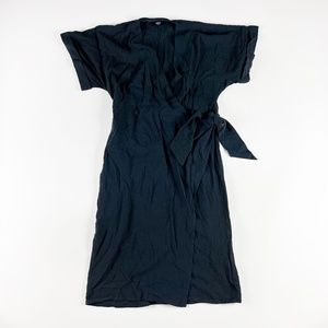 Able Loretta Crepe Short Sleeve V Neck Solid Black Wrap Midi Dress XS